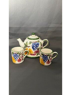 Hand-Painted Ceramic Teapot Set With Fruit Design & 2 Matching Mugs - Vintage Lo